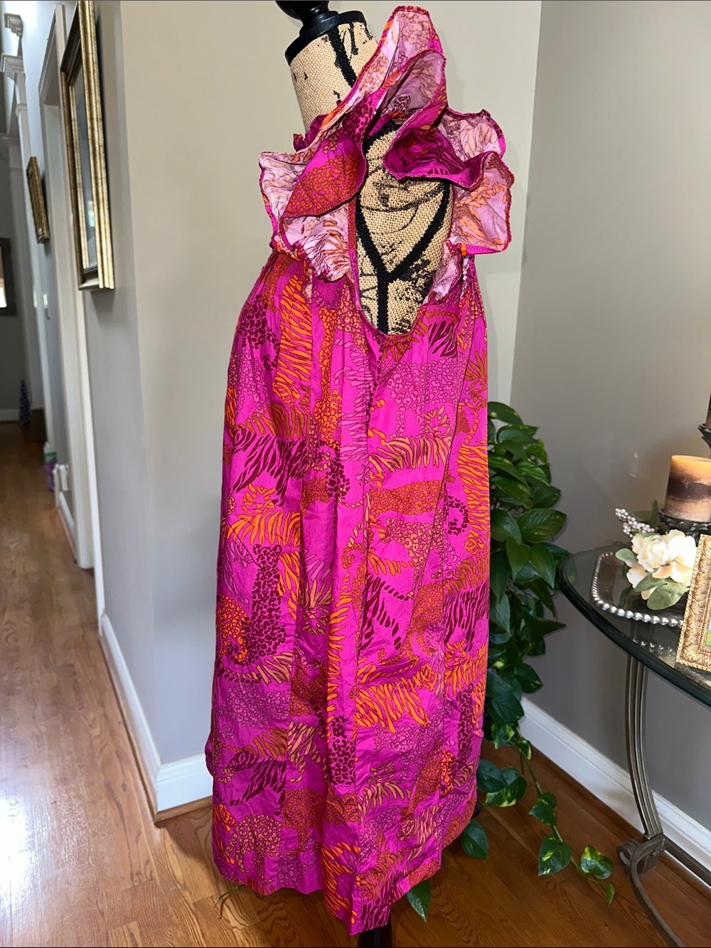 Sugarlips Hot Pink and Orange Animal-Print Ruffle-Shoulder Midi Dress size small - Picture 4 of 12